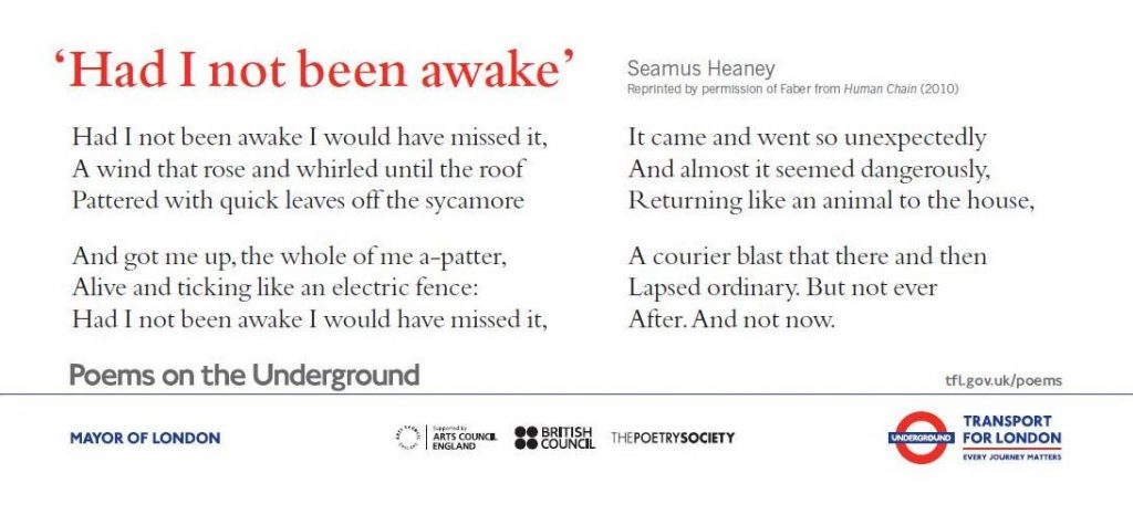Poem "Had I not been awake" as displayed on the London Underground